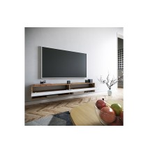 Mueble de TV de Pared Moderno Blanco-Roble - 180x31,5x29,5 cm - 2 Cajones y Estantes.