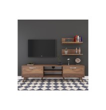 Mueble TV Completo en Melamina Color Nogal, 180x35x48.5 cm, con 2 Estantes